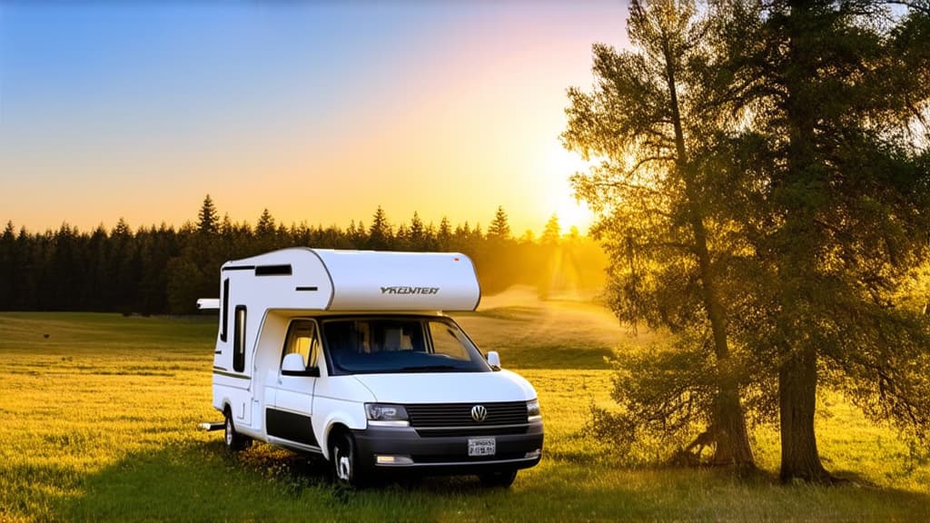  real estate photography style a white camper van parked in a scenic landscape during sunset. this image represents travel, freedom, and the beauty of nature ar 16:9 . professional, inviting, well lit, high resolution, property focused, commercial, highly detailed