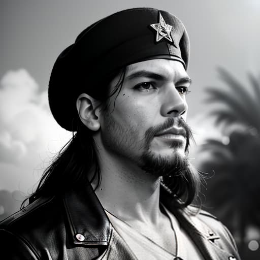  Portrait of Ernesto Che Guevara, realistic style, detailed face, expressive gaze, black and white photography, high contrast, famous beret with star, long hair and beard, determined expression, revolutionary spirit, against the background of the Cuban flag or tropical landscape, 1960s. hyperrealistic, full body, detailed clothing, highly detailed, cinematic lighting, stunningly beautiful, intricate, sharp focus, f/1. 8, 85mm, (centered image composition), (professionally color graded), ((bright soft diffused light)), volumetric fog, trending on instagram, trending on tumblr, HDR 4K, 8K