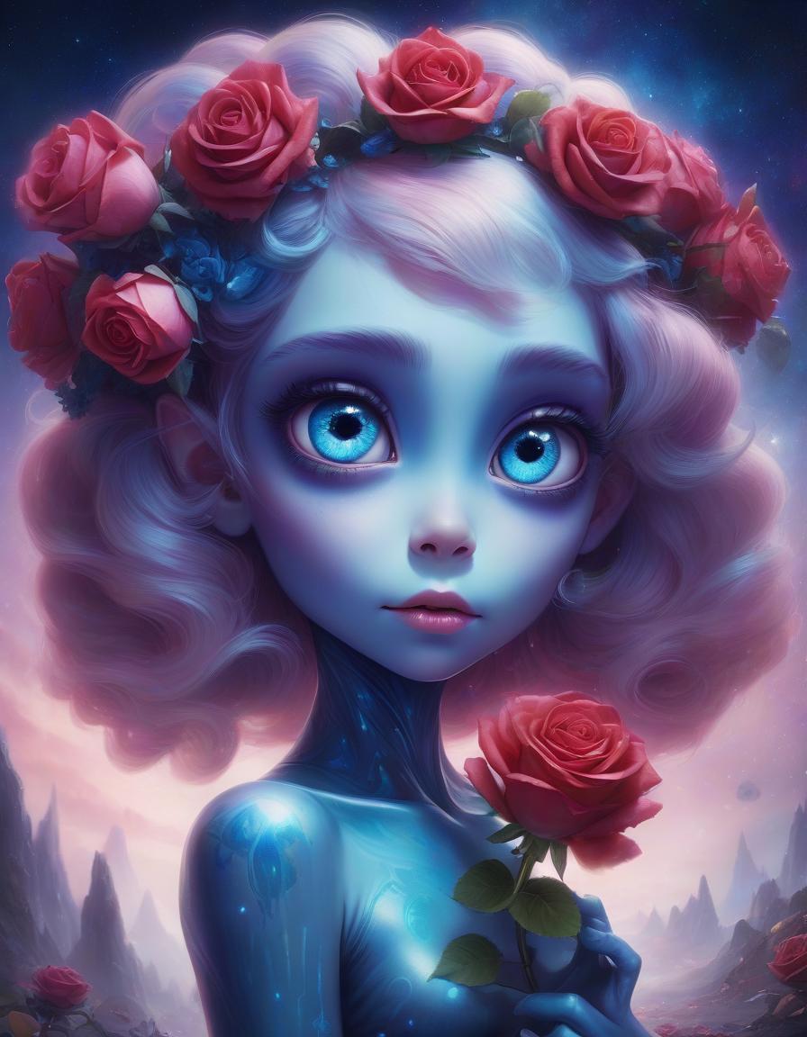  a high quality professional photo of a cute alien with big blue eyes and a rose in her hair, fantasy art, vibrant colors, whimsical, surreal, medium shot, character design, digital painting, galaxy background, dreamlike atmosphere, sci fi theme, 4k