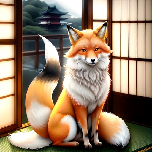  japanese fox kitsune in white kimono. behind nine tails. imperial palace. sunlight penetrates the windows. high detail. realism.