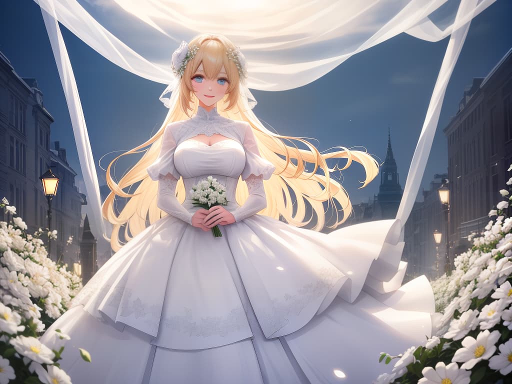  beautiful white dresses, eyes are light colors, beautiful blonde, slightly thin, bright corolla, superb view, night, flower field, clear. ️, shy, smile ☺️😀, beautiful girl, my mouth is thin 👄, masterpiece, best quality,8k,ultra detailed,high resolution,an extremely delicate and beautiful,hyper detail hyperrealistic, full body, detailed clothing, highly detailed, cinematic lighting, stunningly beautiful, intricate, sharp focus, f/1. 8, 85mm, (centered image composition), (professionally color graded), ((bright soft diffused light)), volumetric fog, trending on instagram, trending on tumblr, HDR 4K, 8K