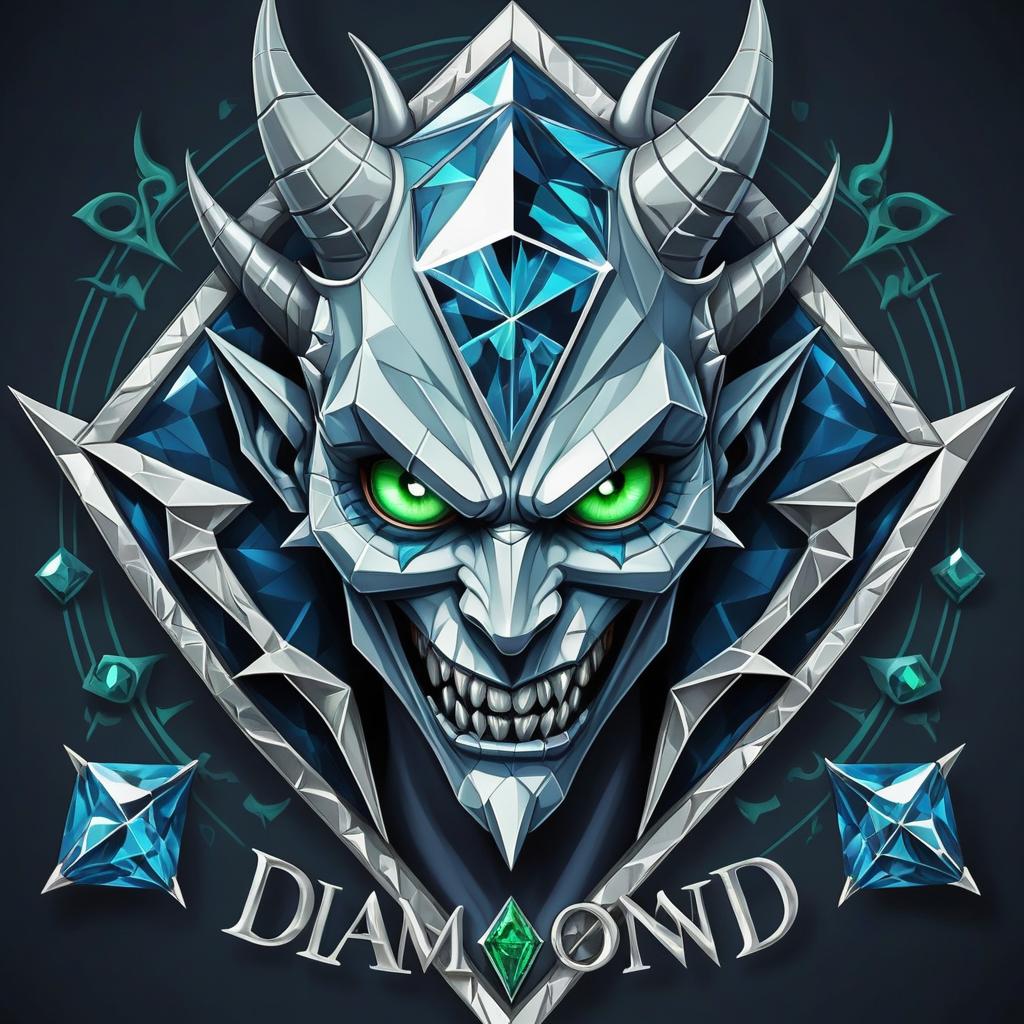  diamond devil, portrait. dark green eyes, man. hair gray. with fangs and horns. colors blue, blue, silver