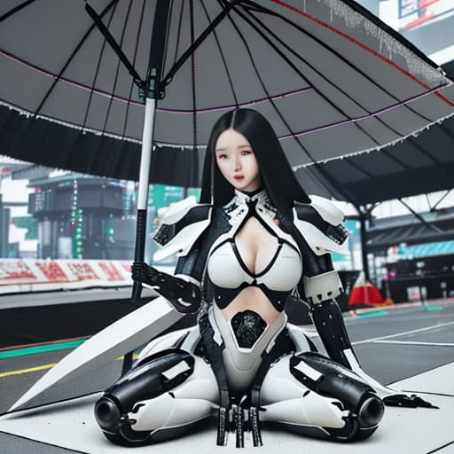  beautiful chinese girl wearing white and black mecha armor, full body photo with long hair, sitting on the ground holding an umbrella in her hand, in the style of cyberpunk, with a futuristic robot design and mecha armor details, chest to waist ratio of 3/4, full body photo, in the style of cyberpunk.