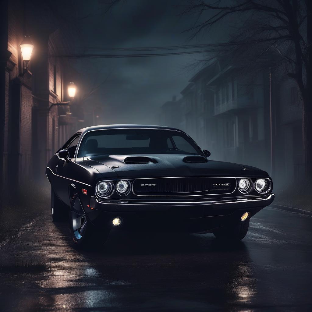  horror themed black dodge challenger at night . eerie, unsettling, dark, spooky, suspenseful, grim, highly detailed