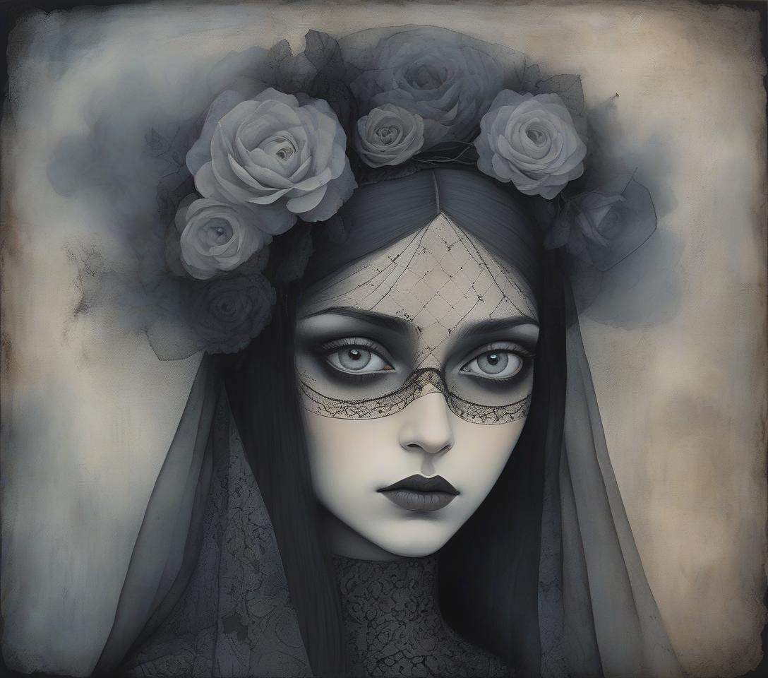  a gothic style portrait of a woman with striking eyes, a black floral headpiece, and veiled headwear that creates a dark, ethereal aura. mysterious girl’s portrait in smoke and gossamer, patchwork nostalgia and impasto, art brut, moody, somber, desaturated colors, in the style of paul klee, arthur rackham, tim burton, banksy