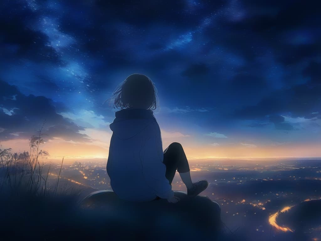  lonely, night sky, girl, sitting, scenery,