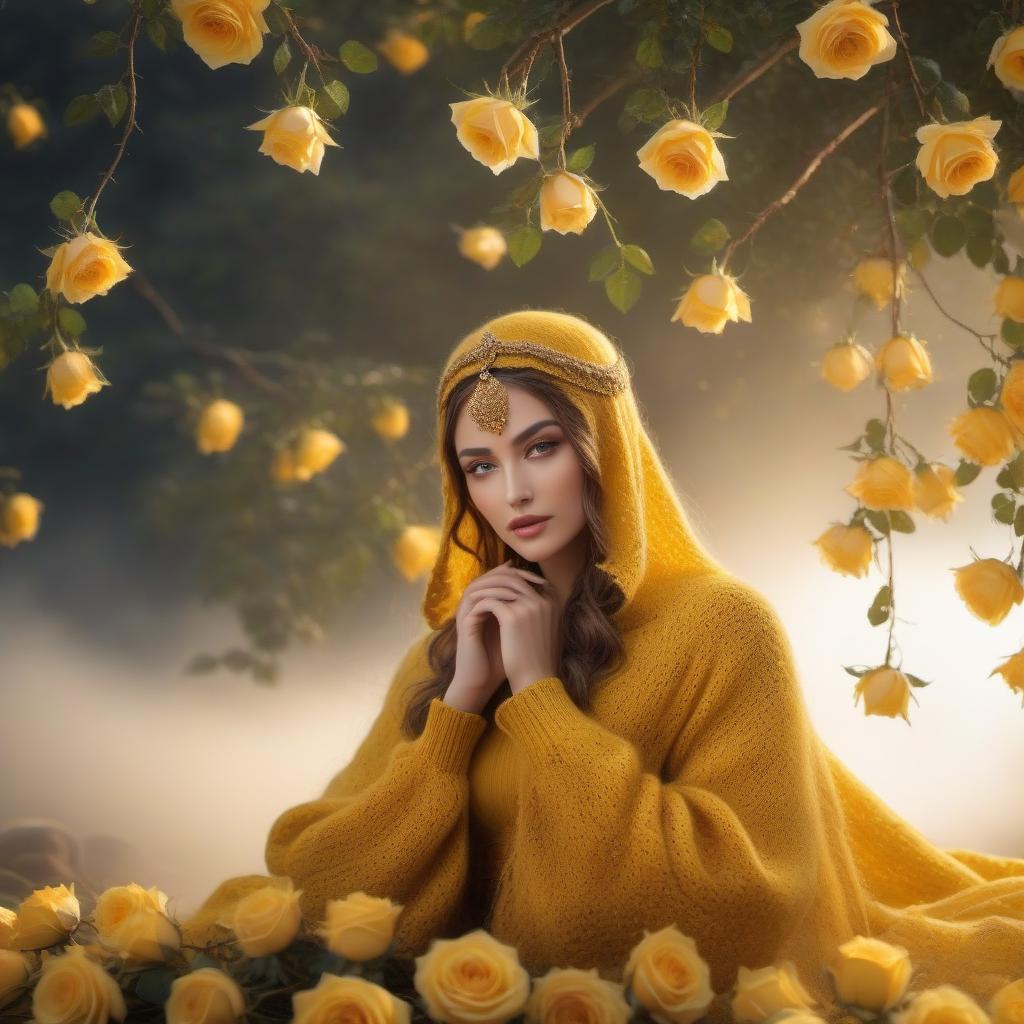  Knitted peasant made of wool, yellow roses, gold brocade background, realistic color photo hyperrealistic, full body, detailed clothing, highly detailed, cinematic lighting, stunningly beautiful, intricate, sharp focus, f/1. 8, 85mm, (centered image composition), (professionally color graded), ((bright soft diffused light)), volumetric fog, trending on instagram, trending on tumblr, HDR 4K, 8K