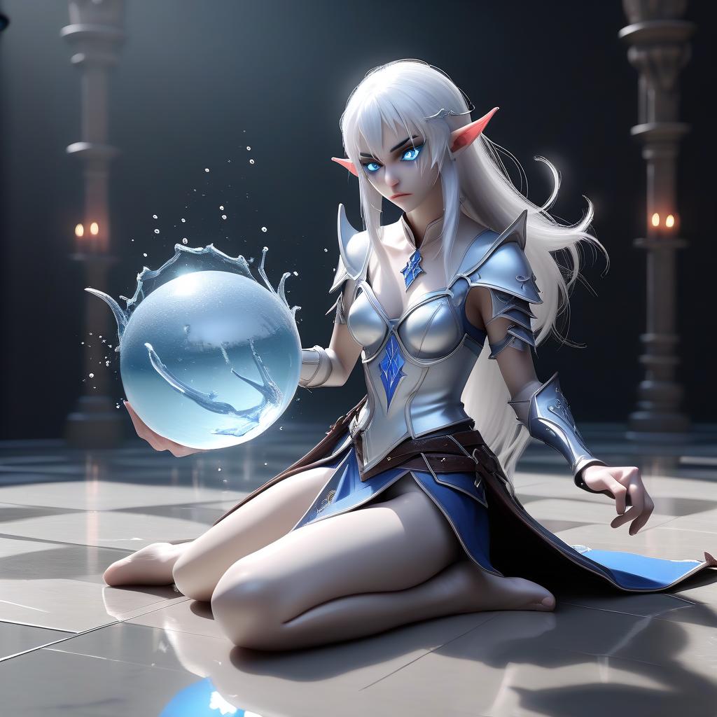  professional 3d model .1 () (half elf, half demon) (very high detail), not tall, medium +++++++++, body (s) fully visible++++(very high detail), +++, in the right hand bloodied sword, left hand creates a water ball spell (with magic effects), sits on the floor, white hair, middle + + + +, blue eyes (light eyes), slim body, legs wide apart, the 's perspective is remote in full height, the left hand creates a spell of a water ball (with magic effects), sits on the back of the : white hair) . octane render, highly detailed, volumetric, dramatic lighting