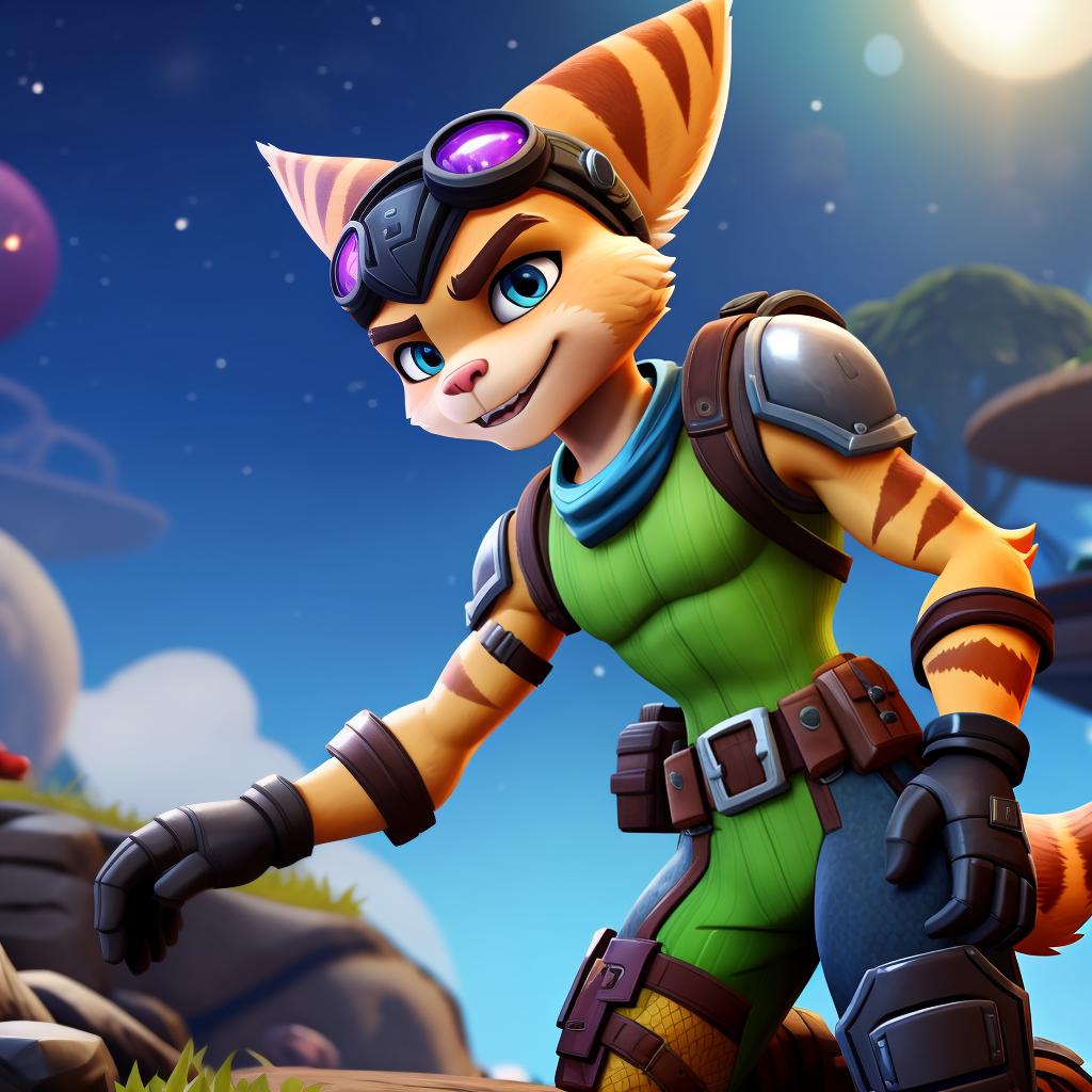  Ratchet and clank (insomniac, fortnite), full body, gloves, open eyes, masterpiece, 4k, fine details,