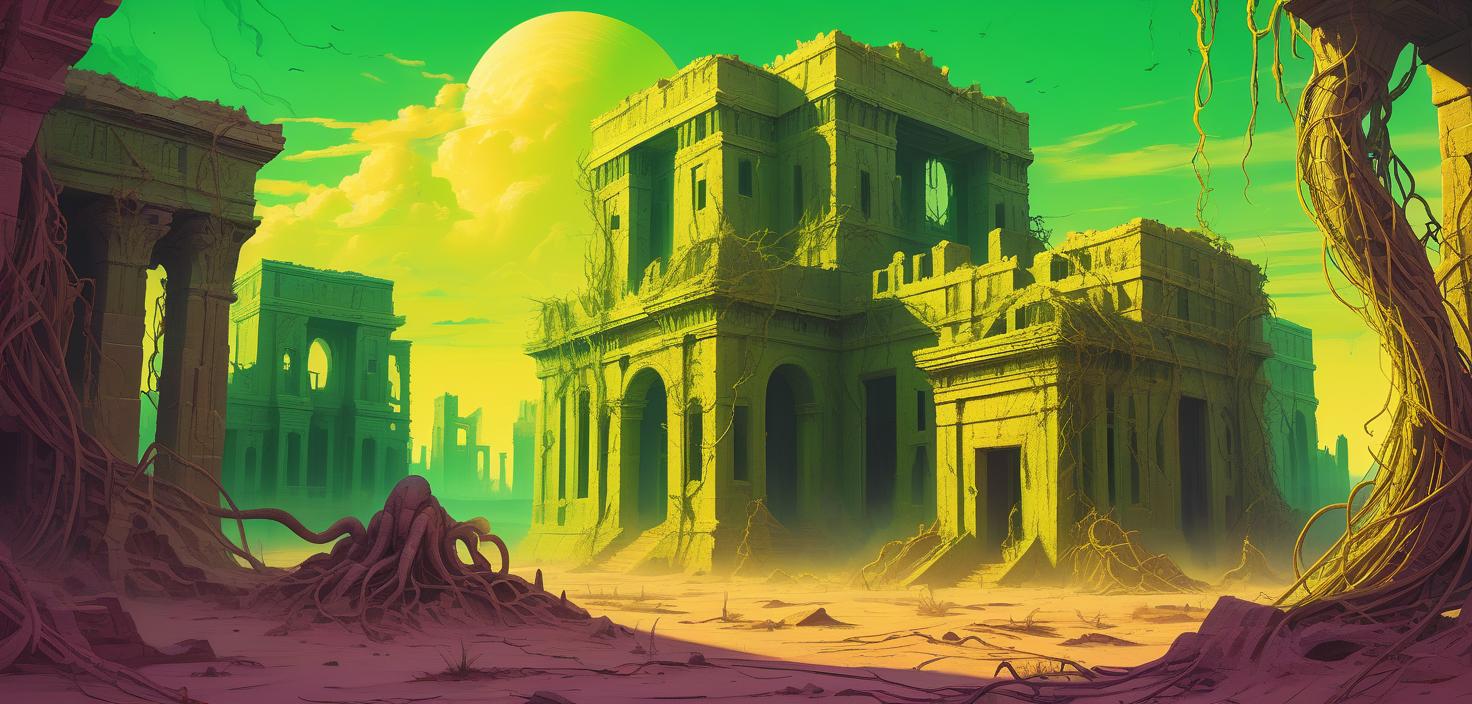  lovecraftian horror ancient ruins. the ruins wrap thick vines of green color. yellow sky. desert. synthwave art . eldritch, cosmic horror, unknown, mysterious, surreal, highly detailed