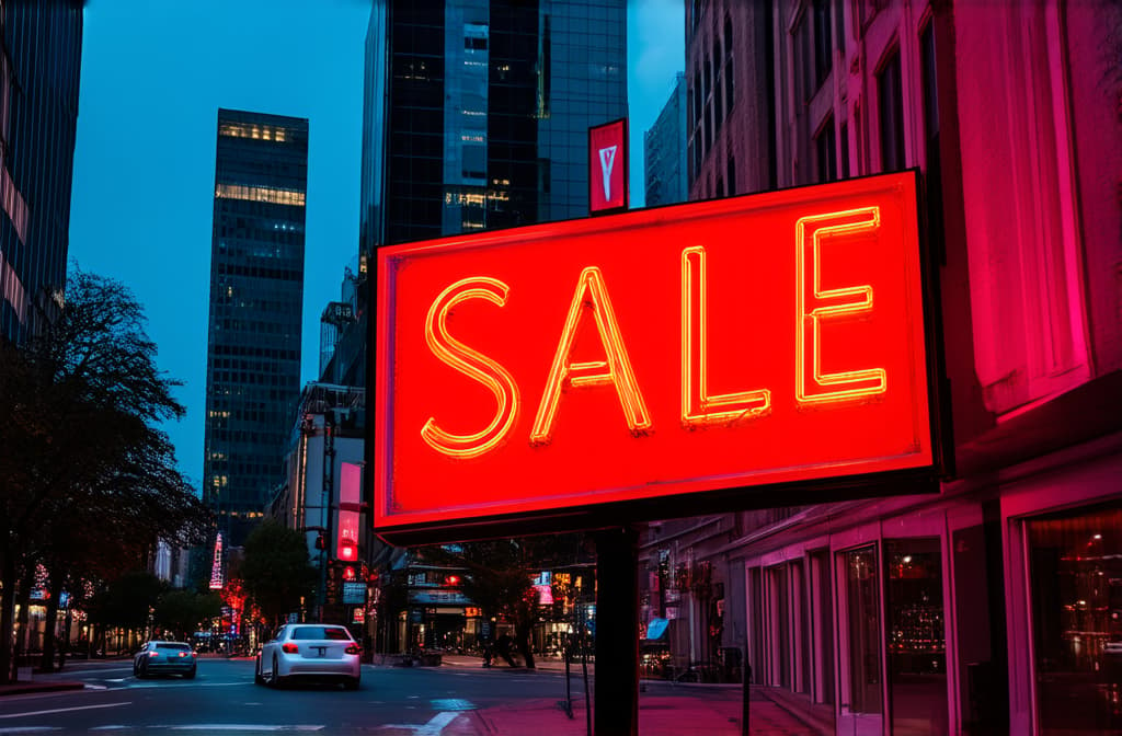  big red neon sign showing "sale" in the center of night city street {prompt}, maximum details