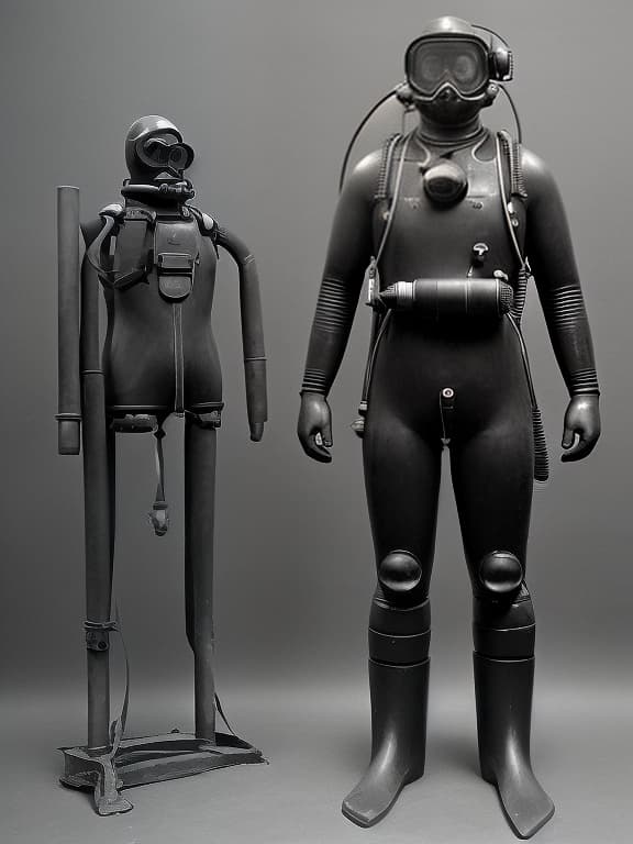  a man in a huge, old underwater diving suit, full length, in a helmet, stands straight, arms shoulder width apart. image diagram.