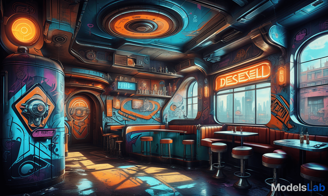  graffiti style retro futuristic tavern, dieselpunk image . street art, vibrant, urban, detailed, tag, mural