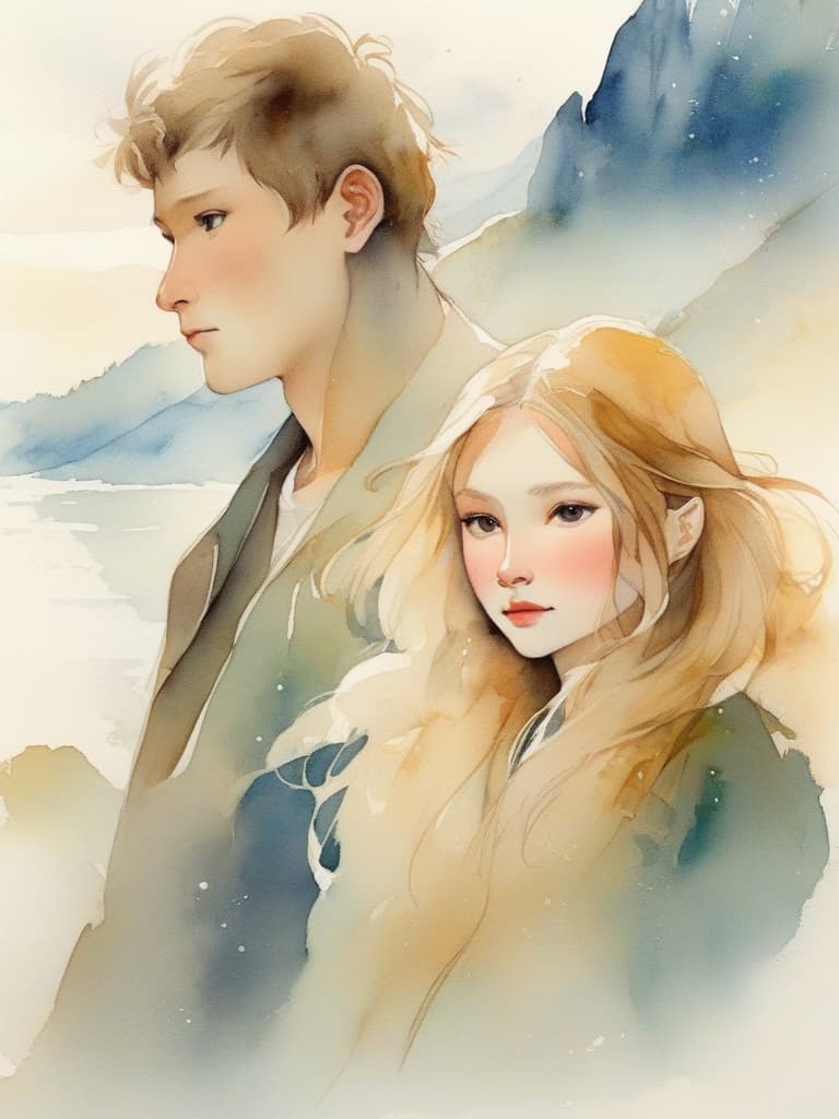  monkeys, soft blond hair, semi transparent golden sticks, vague edge lines, simple cloths, with a soft background of clouds and mountains, water colour effects, dream colours, artistic senses, and a light and mysterious atmosphere。