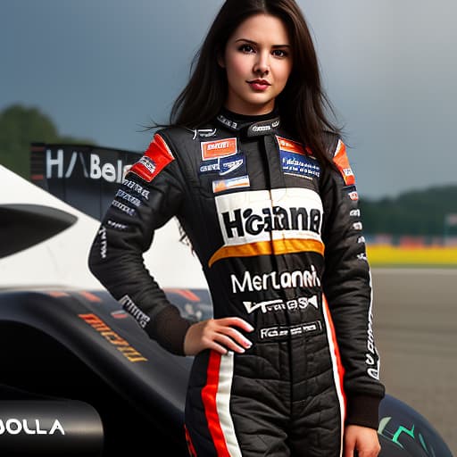  a full length girl. she has dark hair and brown eyes. she's wearing a formula 1 racesuit. team mclaren. behind her is a formula 1 racing car, (intricate details:1.12), hdr, (intricate details, hyperdetailed:1.15)