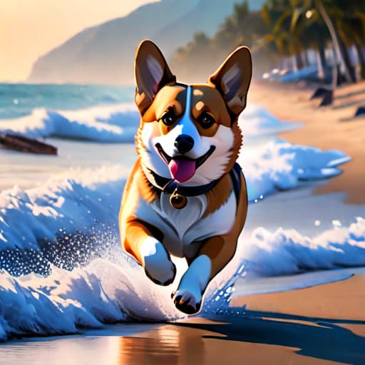  a corgi running down the beach with a big fedora. The image should be photorealistic and very realistic. hyperrealistic, full body, detailed clothing, highly detailed, cinematic lighting, stunningly beautiful, intricate, sharp focus, f/1. 8, 85mm, (centered image composition), (professionally color graded), ((bright soft diffused light)), volumetric fog, trending on instagram, trending on tumblr, HDR 4K, 8K