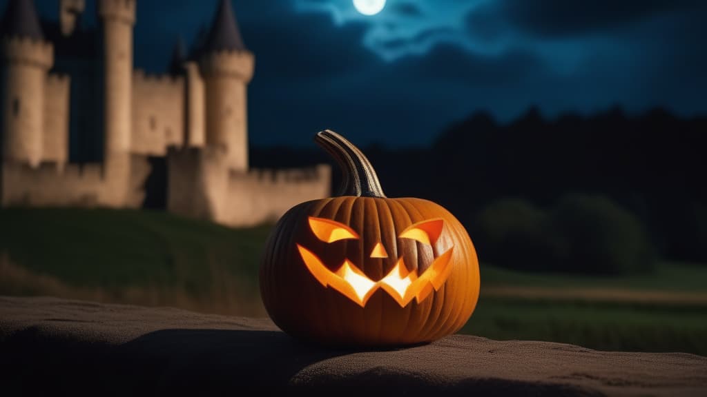  cinematic film style, carved pumpkins with an evil face, bats and a gloomy castle in the dark on Halloween night, pumpkin, castle, bats on a dark gloomy background, Halloween banner with space for text ar 16:9, shallow depth of field, vignette, highly detailed, high budget Hollywood movie, bokeh, cinemascope, moody, epic, gorgeous, film grain, grainy, sun rays and shadows on furniture and surfacesб flattering light, RAW photo, photography, photorealistic, ultra detailed, depth of field, 8k resolution , detailed background, f1.4, sharpened focus, sharp focus