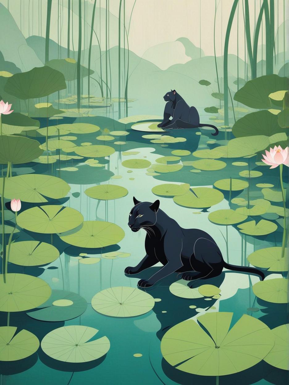  minimalism, panther in a lotus pond illustration, abstract, simple geometic shapes, hard edges, sleek contours, minimalism