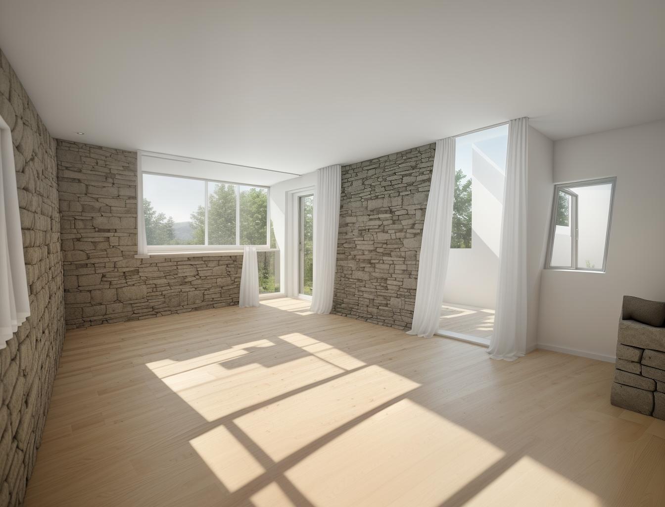  create a photorealistic image of a minimalist room with a stone wall and a large window. the stone wall should add texture and depth to the clean, modern design, while the window brings in natural light, enhancing the room's airy feel.