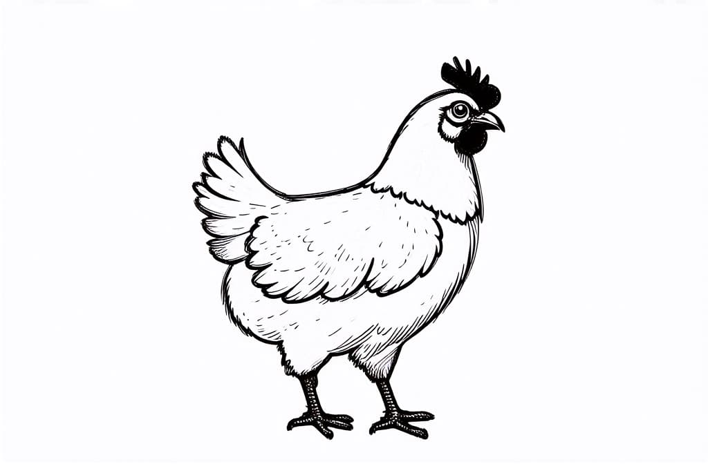  contour, very simple image in one unbroken black ink line, single line of chicken, engraving illustration, icon isolated on white background ar 3:2 using a single continuous black line ink brushon white background, drawing should be created without lifting the pen, recognizable features of chicken, engraving illustration, icon isolated on white background ar 3:2 in one unbroken line