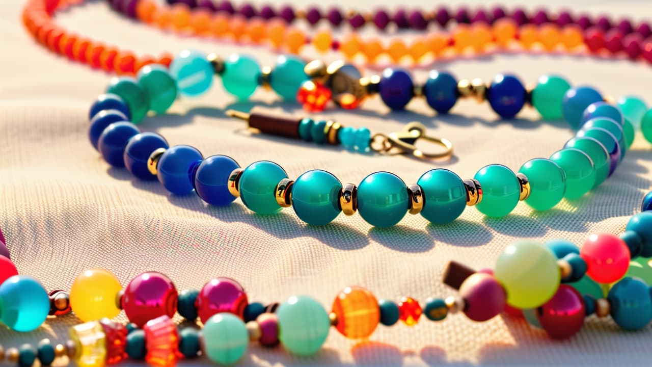  a close up of a vibrant beaded necklace, showcasing intricate patterns and textures, surrounded by colorful loose beads and tools, set against a soft, natural fabric background to evoke the artistry of beadwork. hyperrealistic, full body, detailed clothing, highly detailed, cinematic lighting, stunningly beautiful, intricate, sharp focus, f/1. 8, 85mm, (centered image composition), (professionally color graded), ((bright soft diffused light)), volumetric fog, trending on instagram, trending on tumblr, HDR 4K, 8K