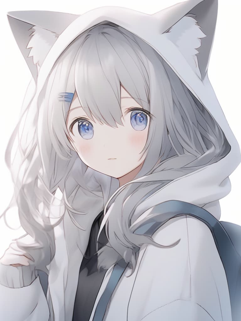  girls, cat ears, gray hair, white hoodie, short hair, masterpiece, best quality,8k,ultra detailed,high resolution,an extremely delicate and beautiful,hyper detail