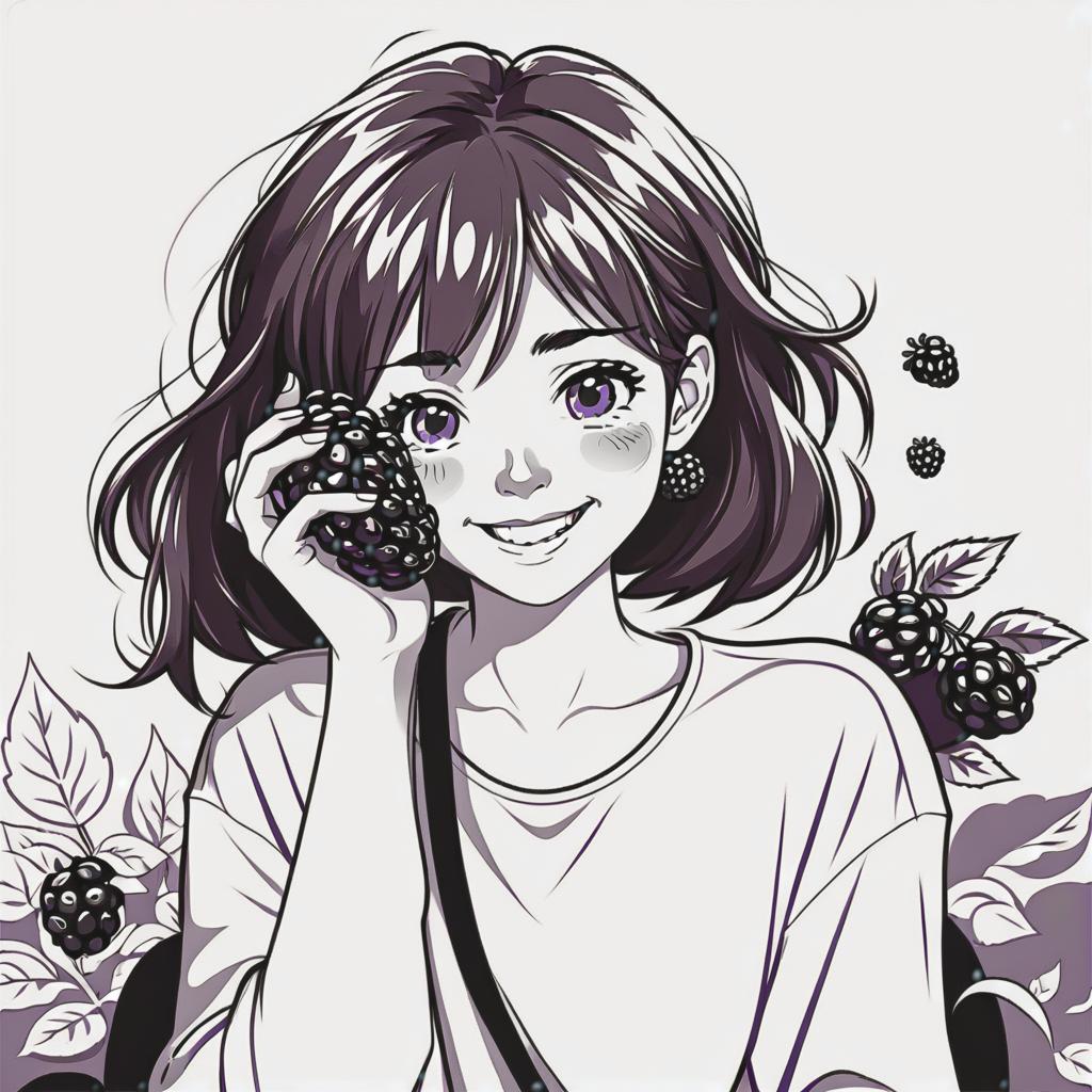  line art drawing smiling girl with blackberry, same nightmare. anime style . professional, sleek, modern, minimalist, graphic, line art, vector graphics