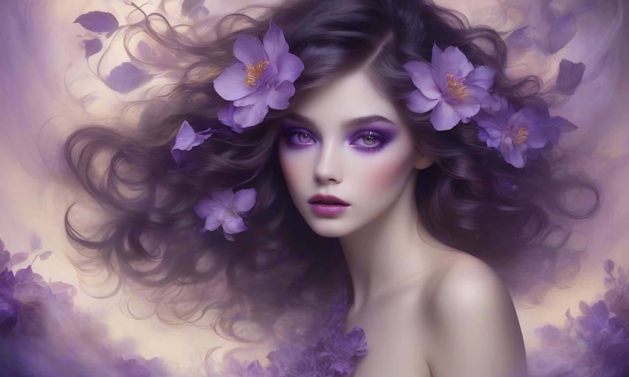  a mystical female portrait exuding ethereal charm: porcelain skin, almond shaped violet eyes, and dark wavy hair adorned with vivid purple florals. soft, neutral lips framed by a dreamy mist, set against a warm, glowing backdrop, creating a fantasy atmosphere of elegance and beauty. create an ethereal female portrait with a mystical aura. the subject has porcelain skin, large almond shaped violet eyes, and full lips with a soft, neutral tone. her face is framed by a mass of dark, wavy hair transitioning into vivid purple floral embellishments, including a prominent, large five petaled flower on the right side of the composition. flowers of various sizes are intertwined with her tresses, coupled with delicate swirls of mist and abstract, wi