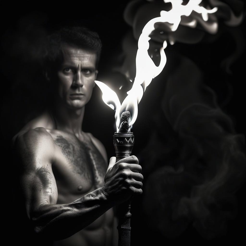  monochrome fire show, torch in hand, breathing fire . black and white, contrast, tone, texture, detailed