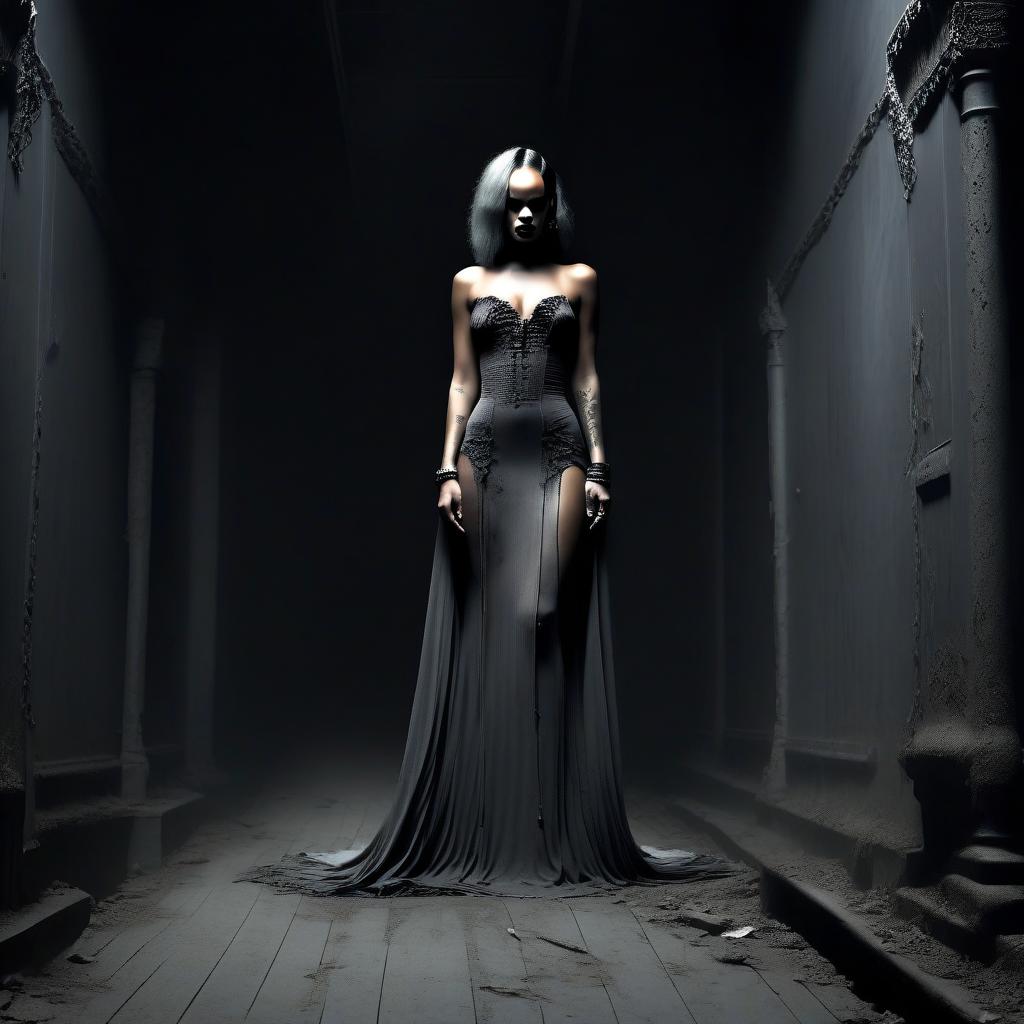  macabre style rihanna the wizard in a gray fitting dress in a white scar, in the floor against a dark corridor. . dark, gothic, grim, haunting, highly detailed, perfecteyes, perfect hands