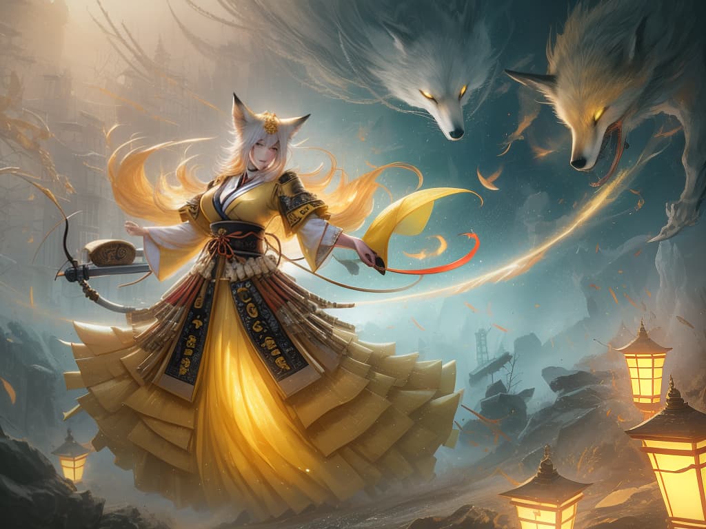  japanese style, yellow, power, real fox, shrine, not human, bewitching, masterpiece, best quality,8k,ultra detailed,high resolution,an extremely delicate and beautiful,hyper detail hyperrealistic, full body, detailed clothing, highly detailed, cinematic lighting, stunningly beautiful, intricate, sharp focus, f/1. 8, 85mm, (centered image composition), (professionally color graded), ((bright soft diffused light)), volumetric fog, trending on instagram, trending on tumblr, HDR 4K, 8K