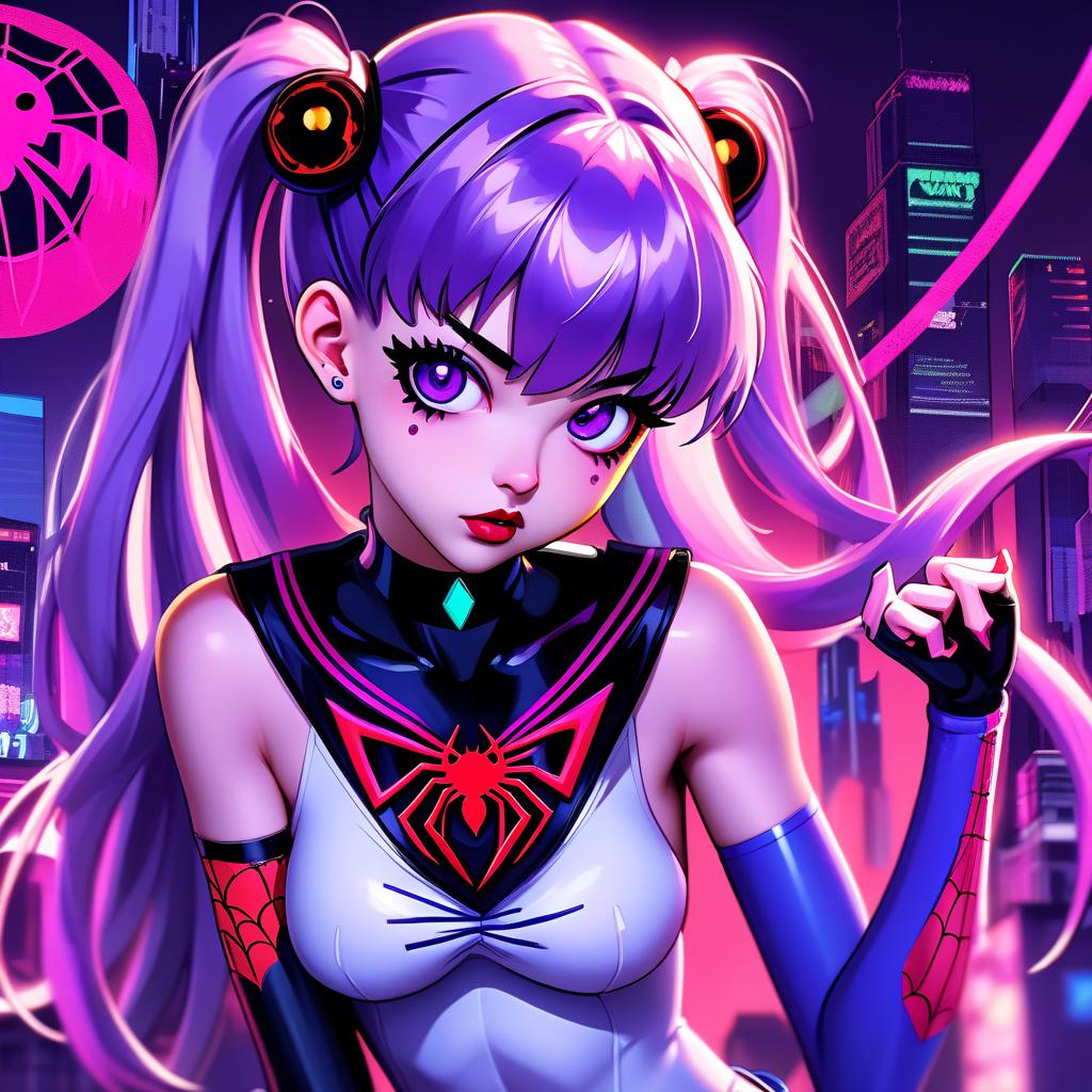  anime artwork gothic style, anime, girl with purple hair, one ponytail on her head, sailor moon costume, gwen stacey costume, spider, spider man, cyberpunk, neon, gothic makeup, frowny face . anime style, key visual, vibrant, studio anime, highly detailed, hkmagic