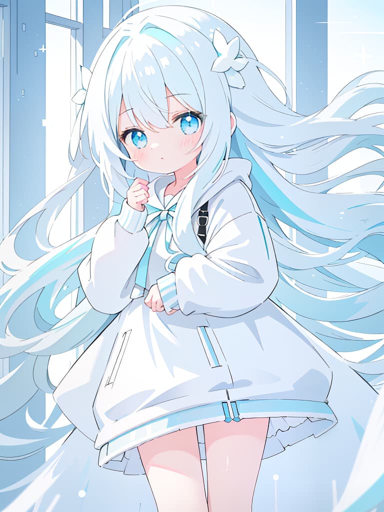  girl, hair white and light blue gradation, fluffy long, white and light blue hoodies, masterpiece, best quality,8k,ultra detailed,high resolution,an extremely delicate and beautiful,hyper detail