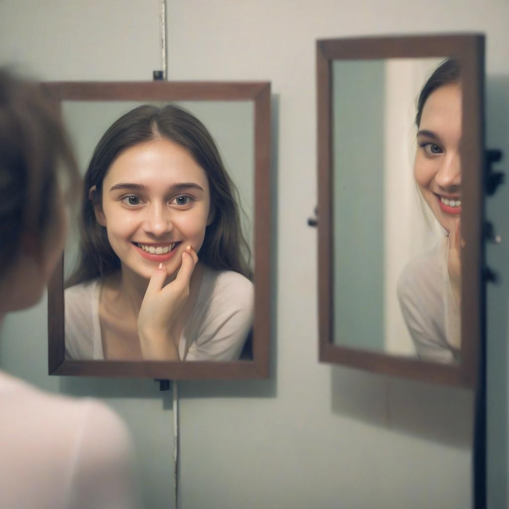  take a picture of someone looking in the mirror. but instead of the usual reflection, the image in the mirror is different – for example, the person smiles in reality, and in the mirror is sad or vice versa. add the text “what is really hiding your reflection?”, film photography style