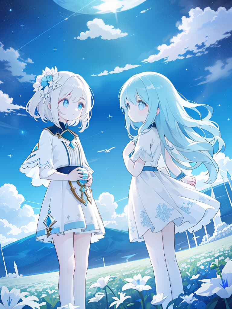  very beautiful and fantastic sky, space like, shine, pale, pale, dark, blue sky, very beautiful, wonderful, (two girls in the distant girl), ((symmetric)) )