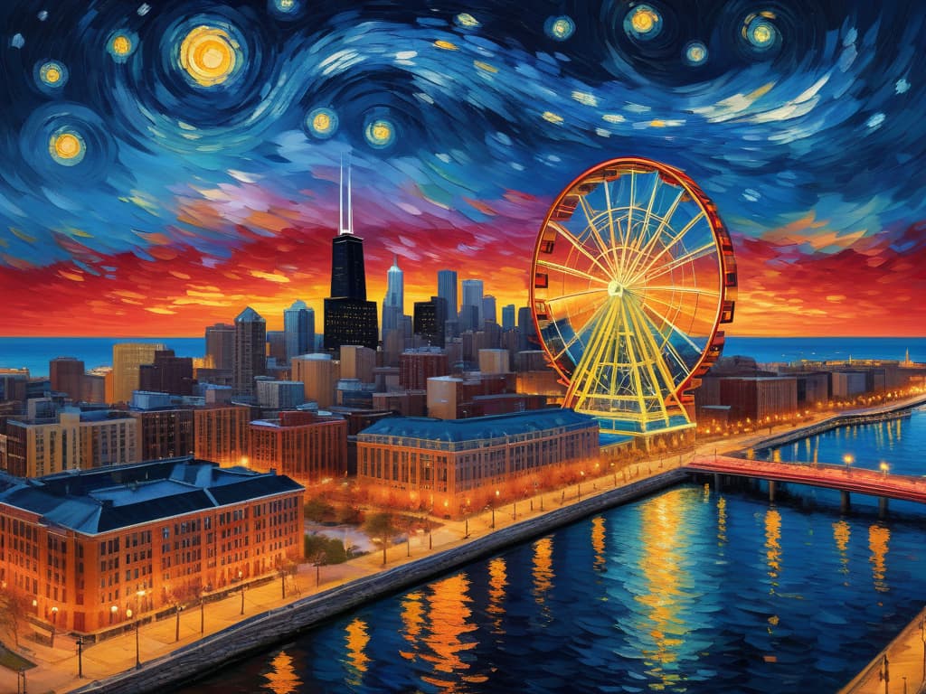  concept art chicago’s centennial ferris wheel, chicago’s navy pier, van gogh's starry starry night with colorful red and orange swirls in the beautiful night sky, chicago skyline with colorful van gogh swirls in the sky, hyper realistic, chicago skyline, mesmerizing, intricate details, flambient golden and red sunrise, dramatic lighting, epic composition, wide angle, cinematic, masterpiece, high resolution, sharp details, best quality, 4k, raw photo, van gogh influence, studio lighting, impressionist, bold colors, starry sky, architectural elements, medium format lens, high angle, cityscape, city life, metropolitan, van gogh's brushstrokes, van gogh's shadows, van gogh's colors, van gogh's textures, nighttime, city scene, streets, night