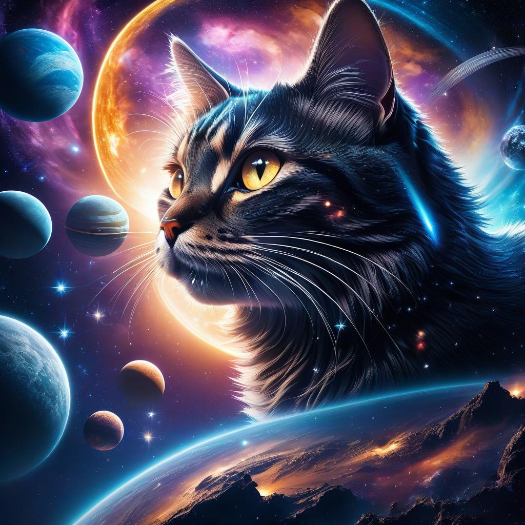  space themed (masterpiece, photorealism, cyberpunk, surrealism art:1. 3), holographic scene, cat caught space rat, cat carrying its prey in its teeth. the cat is a proud, calm and confident predator. parade of planets floating overhead, intricate details on each planet, rings and moons visible, surreal atmosphere, splash art style, spark and glow effects, hallucinatory elements, high resolution, best quality, dreamy setting, bright colors, space background, swirling stars and galaxies, unearthly glow, cyberpunk, mesmerizing and otherworldly, detailed and realistic textures, mesmerizing and enchanting composition. . cosmic, celestial, stars, galaxies, nebulas, planets, science fiction, highly detailed