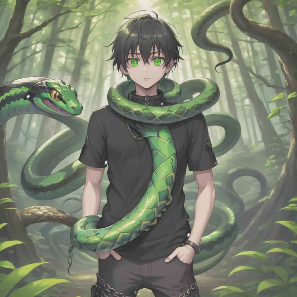  anime man with a green snake around his neck with snake eyes, the main colors are black and green, in the forest, t shirt design