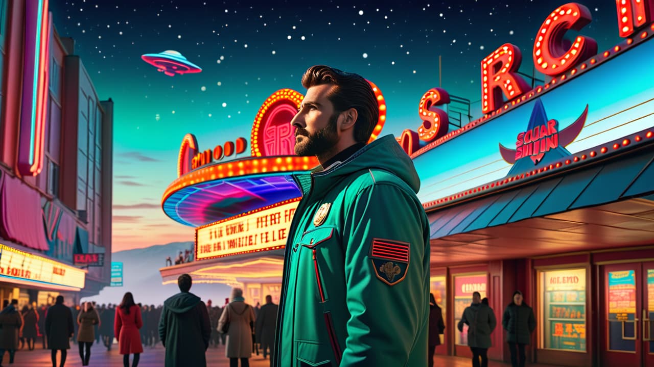  a vibrant movie theater marquee glowing with colorful lights, featuring iconic sci fi elements like spaceships and aliens, surrounded by excited moviegoers in futuristic attire, all under a starry night sky. hyperrealistic, full body, detailed clothing, highly detailed, cinematic lighting, stunningly beautiful, intricate, sharp focus, f/1. 8, 85mm, (centered image composition), (professionally color graded), ((bright soft diffused light)), volumetric fog, trending on instagram, trending on tumblr, HDR 4K, 8K