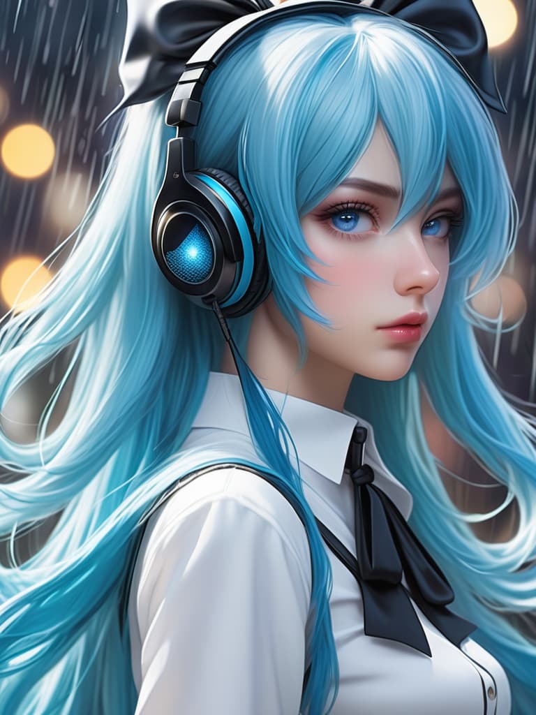  masterpiece, beautiful , beautiful eyes like pearl, extremely delicate facial depiction, heavy rain, medium shot, exaggerated perspective, poster, androgyny, fashion, dramatic lighting, strong tones, 32k uhd, 1, solo, long hair, looking at viewer, bangs, blue eyes, hair ornament, bow, hair between eyes, twintails, very long hair, closed mouth, blue hair, upper body, hair bow, choker, looking back, blurry, from side, aqua eyes, looking to the side, aqua hair, black bow, night, depth of field, blurry background, headphones, bokeh, hatsune miku, 1, solo, , , close up, legs up, legs together, lower body, 3d animation, skin texture, detailed hair, portrait, she is a silver haired woman with roughly cut ba