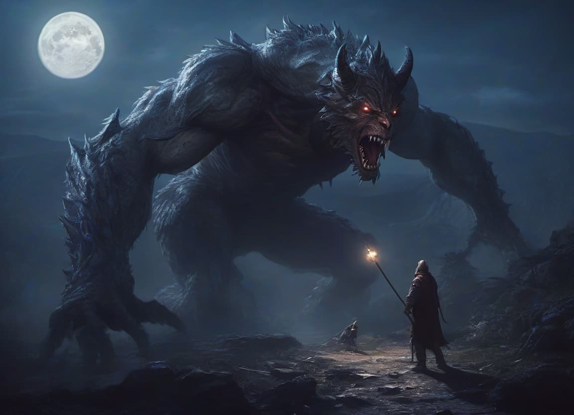  concept art the hero behind whom is a huge monster from the middle ages on a full moon . digital artwork, illustrative, painterly, matte painting, highly detailed, hkmagic