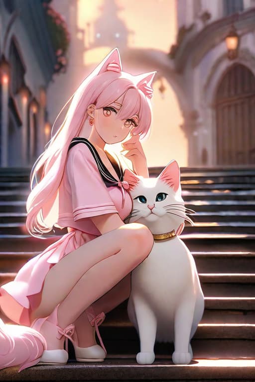  an image of a girl with thin light pink long hair with cat ears,in a fantasy light pink sailor outfit with short ,golden eyes,blushing,on stairs at dusk,showing black ,crouching. hyperrealistic, full body, detailed clothing, highly detailed, cinematic lighting, stunningly beautiful, intricate, sharp focus, f/1. 8, 85mm, (centered image composition), (professionally color graded), ((bright soft diffused light)), volumetric fog, trending on instagram, trending on tumblr, HDR 4K, 8K