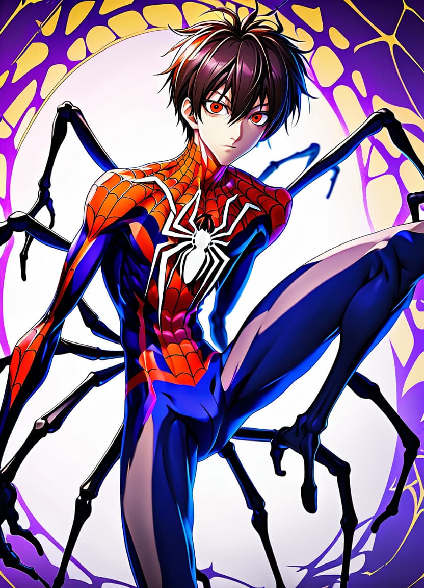  anime artwork make him a man with the lower half of a spider's body . anime style, key visual, vibrant, studio anime, highly detailed