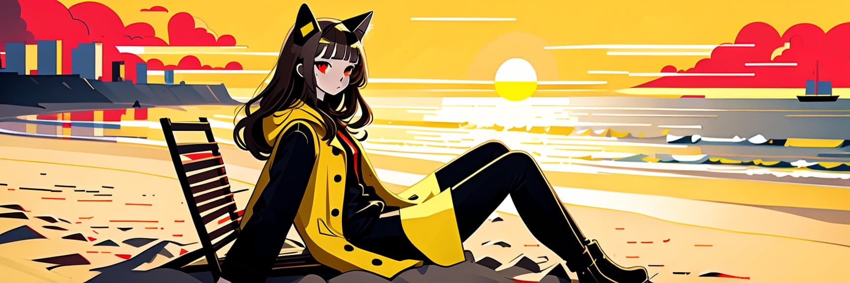  constructivist style the girl is sitting on a chair on the beach. she has long dark brown hair, which gently falls on the shoulders, cat ears, and her face with jewish and slavic features, radiates calmness with brown eyes. she is dressed in a bright yellow coat that immediately attracts attention and contrasts with the surrounding landscape. under the coat is a black shirt, and black pants are additionally decorated with yellow elements, creating a harmonious and stylish image. the sun sets over the horizon, shrouding everything around in red shades, and bright red stripes lie on the surroundings contrasting with the darkness and creating a magical atmosphere. . geometric shapes, bold colors, dynamic composition, propaganda art style