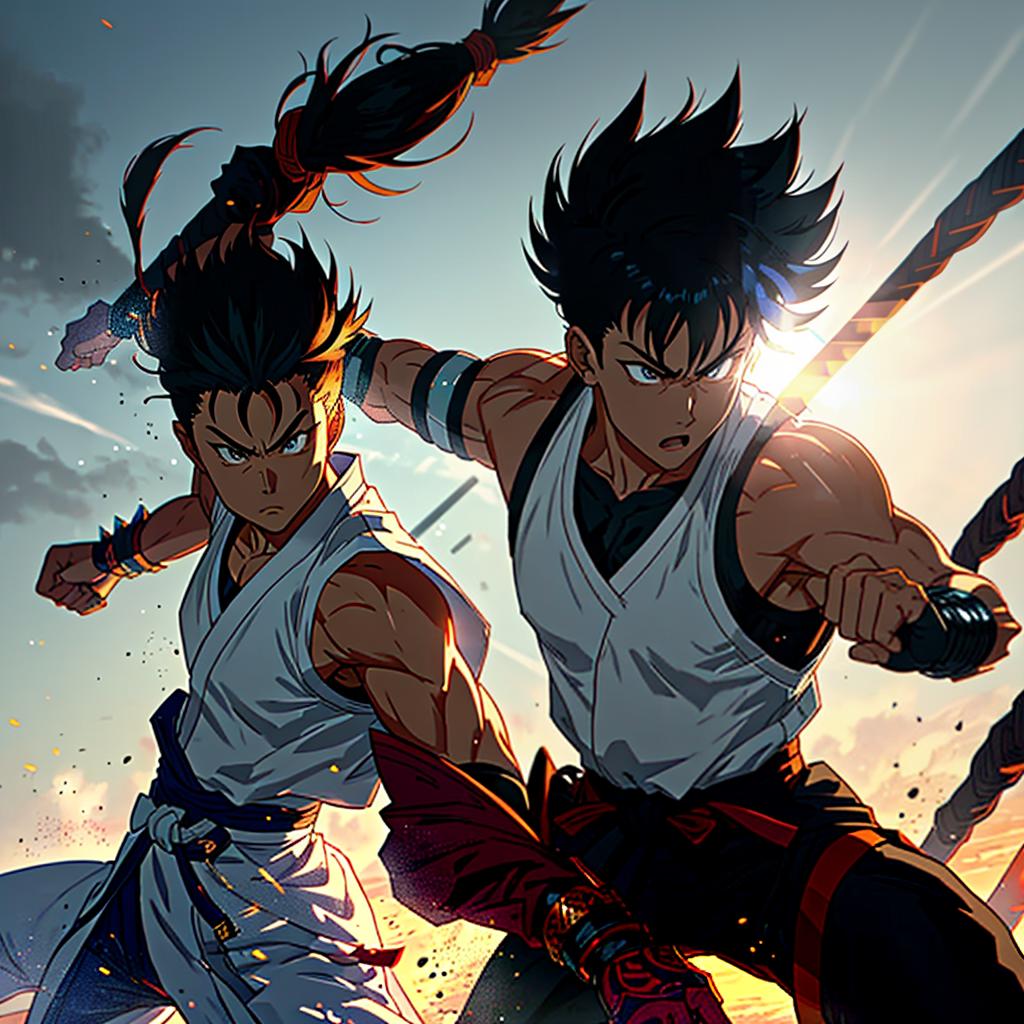  a warrior with spiky hair and a martial arts gi, in the energetic and exaggerated style of akira toriyama, with vibrant colors and dynamic action lines. hyperrealistic, full body, detailed clothing, highly detailed, cinematic lighting, stunningly beautiful, intricate, sharp focus, f/1. 8, 85mm, (centered image composition), (professionally color graded), ((bright soft diffused light)), volumetric fog, trending on instagram, trending on tumblr, HDR 4K, 8K