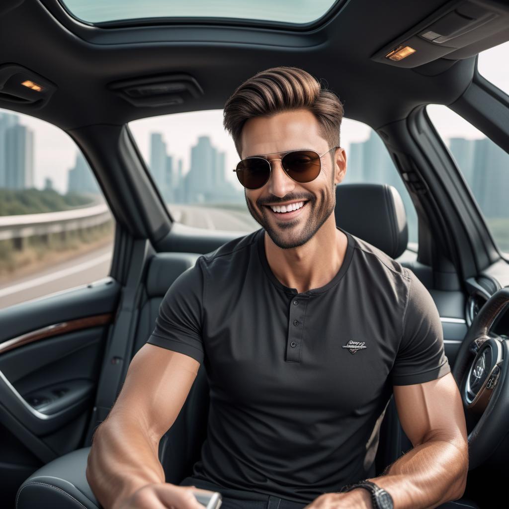  A detailed analysis of a photo showing a man taking a selfie inside a modern vehicle. He's smiling and wearing sunglasses and a black shirt. The car seat and headrest are visible in the background, with hints of the steering wheel suggesting he's in the driver's seat. The image captures a positive, casual moment with good lighting inside the car. hyperrealistic, full body, detailed clothing, highly detailed, cinematic lighting, stunningly beautiful, intricate, sharp focus, f/1. 8, 85mm, (centered image composition), (professionally color graded), ((bright soft diffused light)), volumetric fog, trending on instagram, trending on tumblr, HDR 4K, 8K