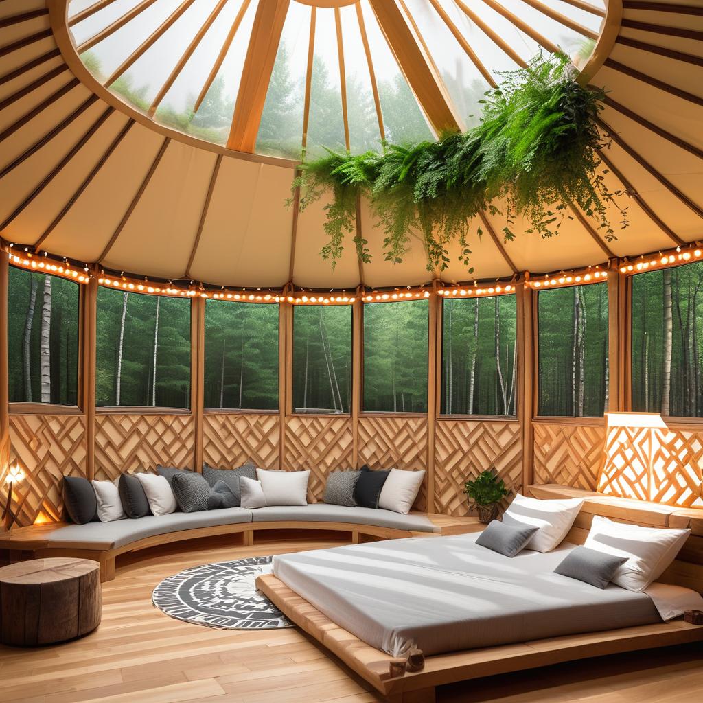  forest themed interior, mongolian yurt, floating bed with led lights, trees and plants