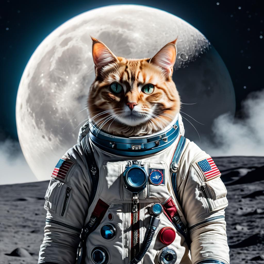  cat on the moon hyperrealistic, full body, detailed clothing, highly detailed, cinematic lighting, stunningly beautiful, intricate, sharp focus, f/1. 8, 85mm, (centered image composition), (professionally color graded), ((bright soft diffused light)), volumetric fog, trending on instagram, trending on tumblr, HDR 4K, 8K