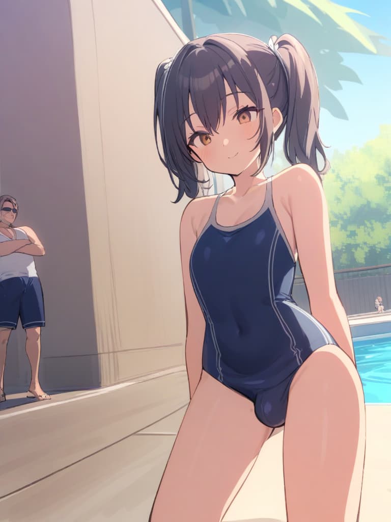  women's elementary students (with male), twin tails, cute smiles, rich s, short stature, dark blue swimwear, old swimwear, swimwear, simple, (swelling), upward, (bulge), front, whole body, pool side,