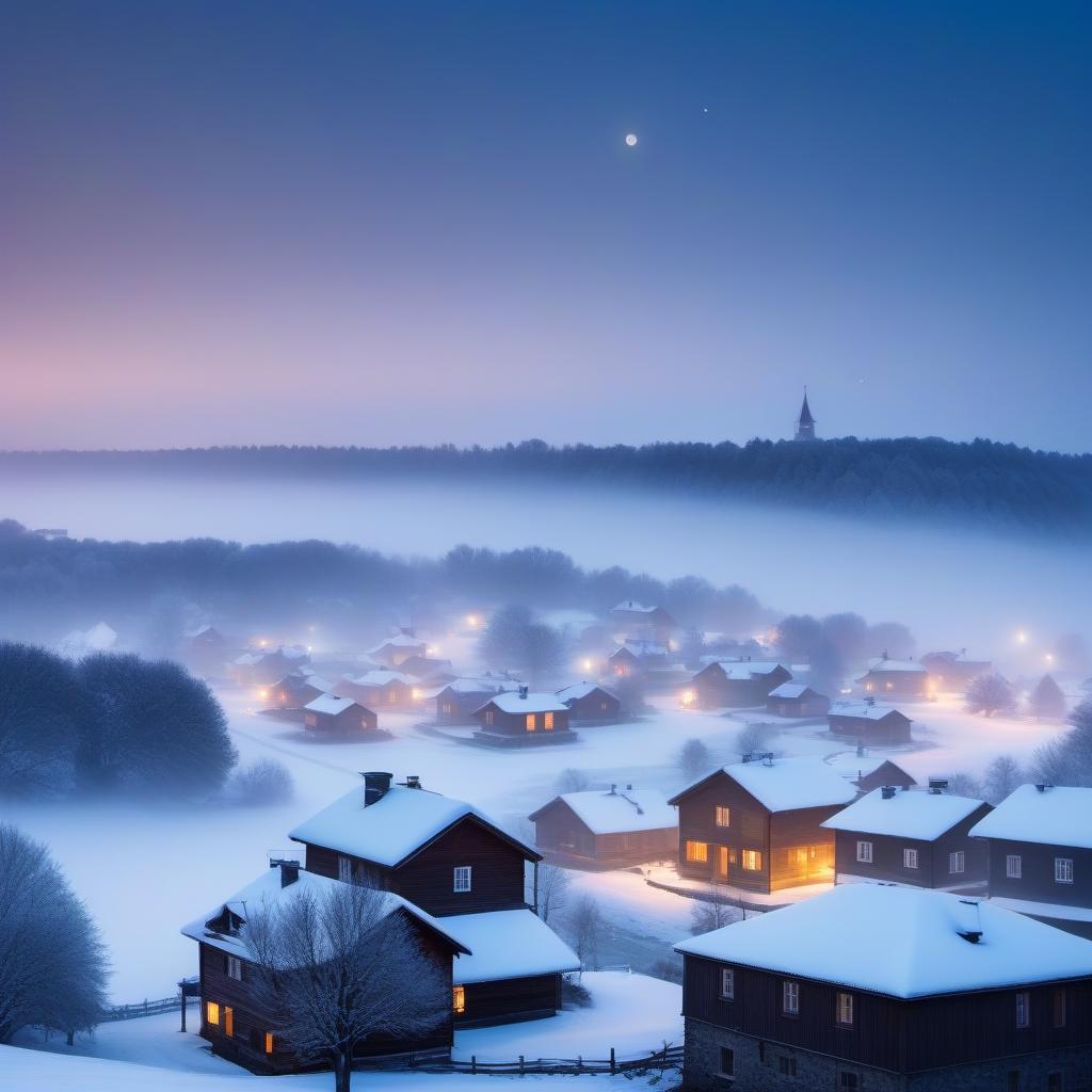  Village life: houses with smoke from chimneys, white fog over the village, stars are barely visible above the fog at dusk